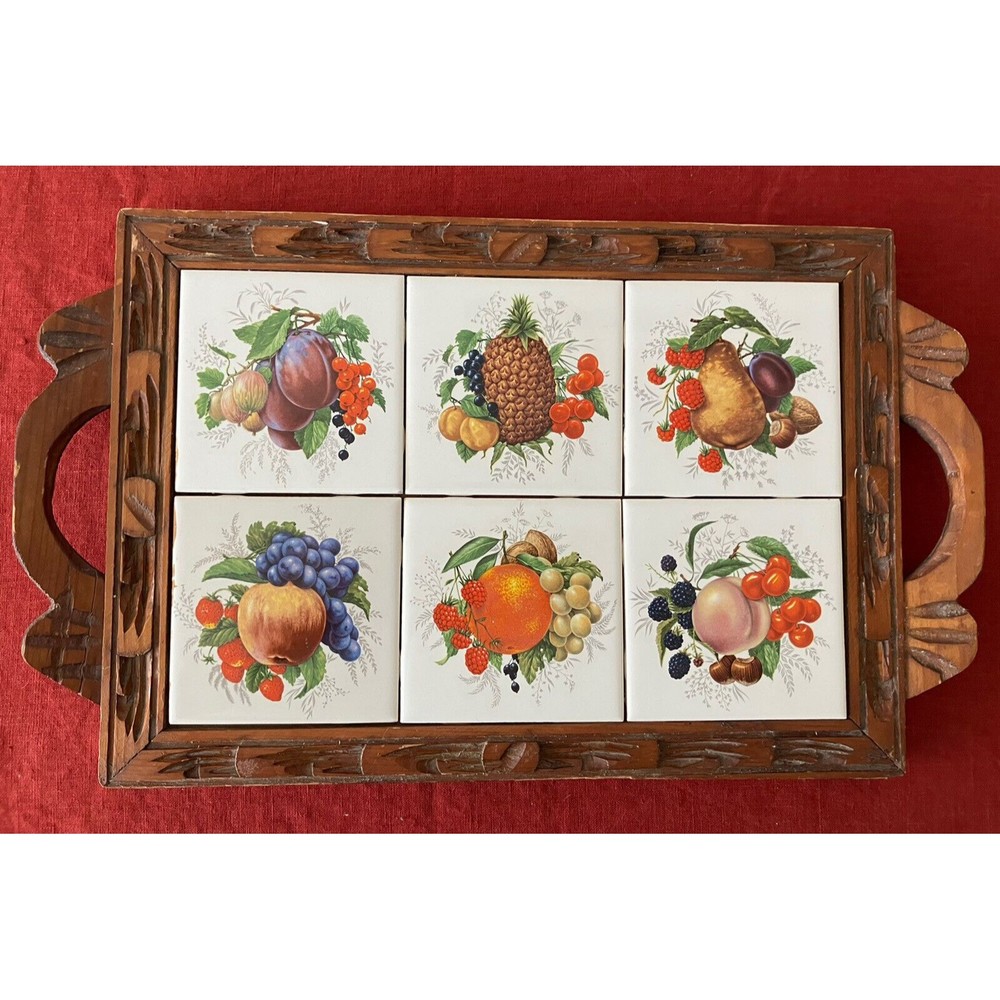 Vintage '70s Dal-Tile Carved Wooden Serving Tray with Ceramic Fruit Tiles Trivet